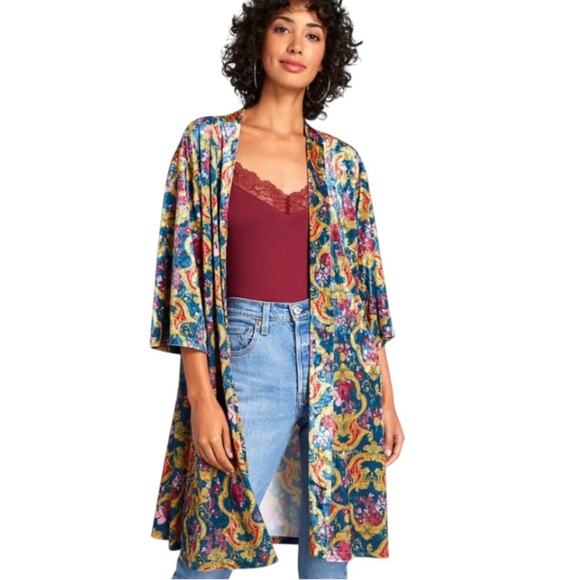 ModCloth | Layer For Keeps Velvet Kimono Duster Floral Bohemian Blue Yellow S/M - Picture 1 of 9